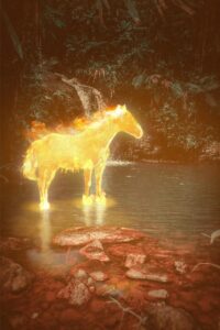 horse, fire, fantasy, stream, river, water, animal, equine, jungle, woods, nature, fictional, mystical